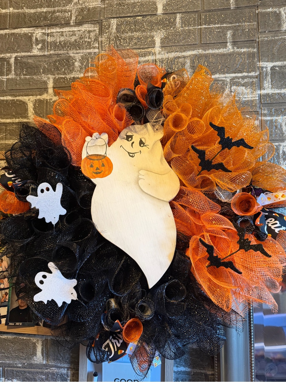 Hand Crafted Orange and Black Halloween Ghost Wreath